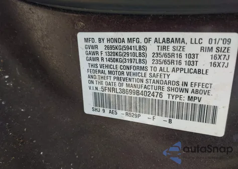 2009 Honda Odyssey Ex-L from USA, damaged, VIN 5FNRL38699B402476